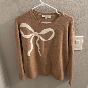 LOFT Tan Sweater with White Bow Accent